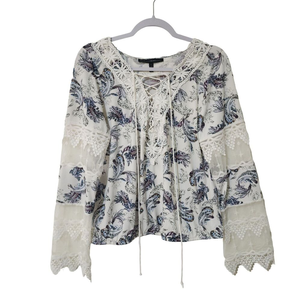WHBM Womens Boho Blouse White Blue Purple Paisley Lace Up Neck Crochet Size L